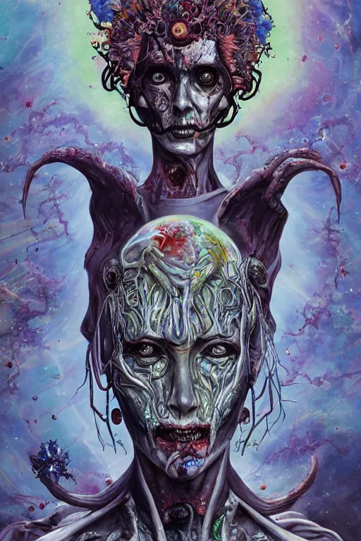 Image similar to beautiful painting of the zombie queen in Space covered in sigils and with an arcane halo by wayne barlowe trending on artstation detailed painting Unreal Engine