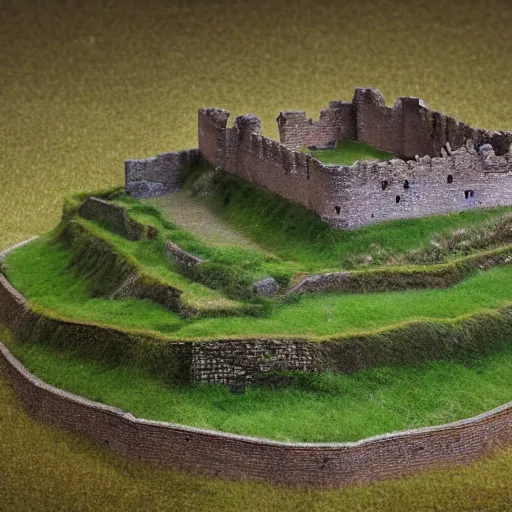 Image similar to a beautiful motte and bailey castle tilt shift perspective high resolution