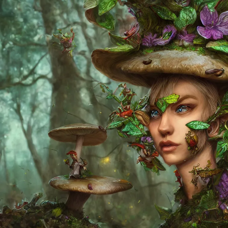 Prompt: Close up hyper detailed fantasy mushroom elf elves in the forest digital art, 4k, artstation deviantart concept art studio lighting