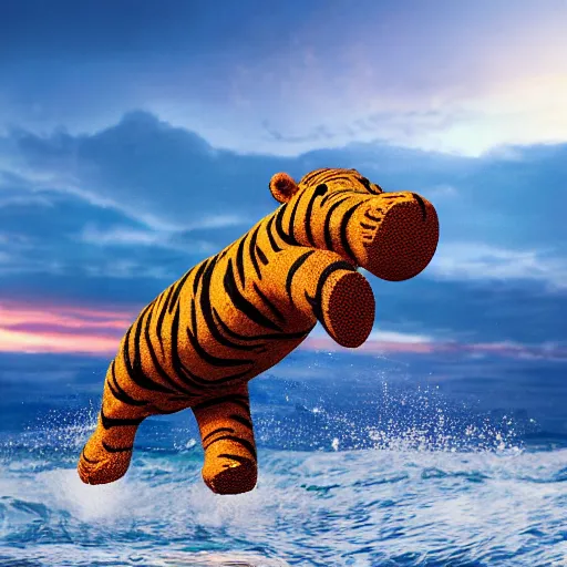 Prompt: a closeup photorealistic photograph of a cute smiling knitted tiger hippopotamus chasing a beachball during sunset. surf in background. professional capture. this 4 k hd image is trending on artstation, featured on behance, well - rendered, extra crisp, features intricate detail, epic composition and the style of unreal engine.