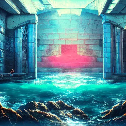 Image similar to ancient atlantis, retrowave epic art, trending on art station