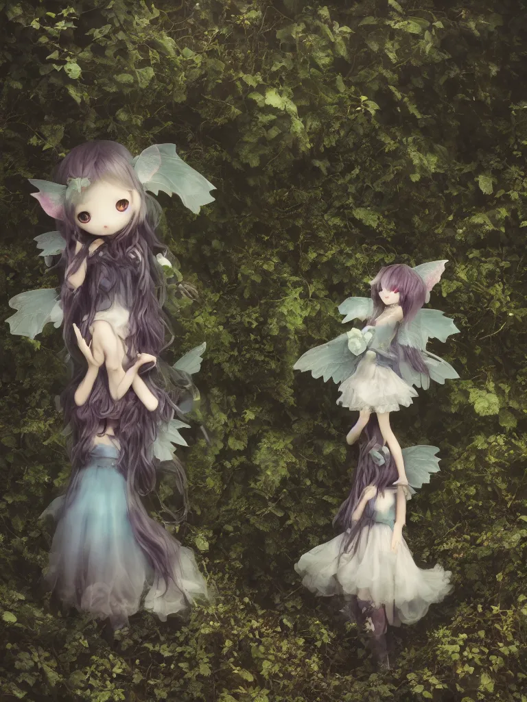 Image similar to cute fumo plush girl among vines in the middle of a foggy dark cursed rose garden under a blue sky, beautiful glowing ethereal gothic magical wraith fairy girl with dark eyes, horns, sheep girl, anime, tattered dress, bokeh, vray