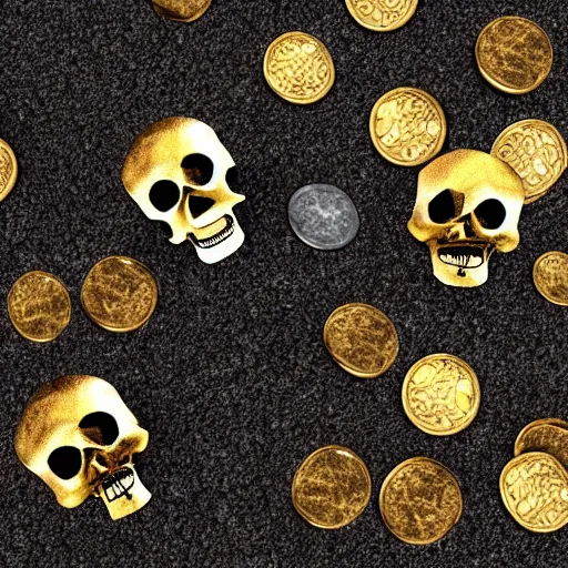 Prompt: burning white skull, dark cave, gold and silver coins on the floor