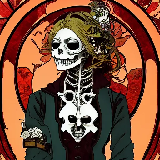 Image similar to anime manga skull portrait girl female skeleton illustration sunset art Geof Darrow and Ashley wood and Ilya repin and alphonse mucha pop art nouveau