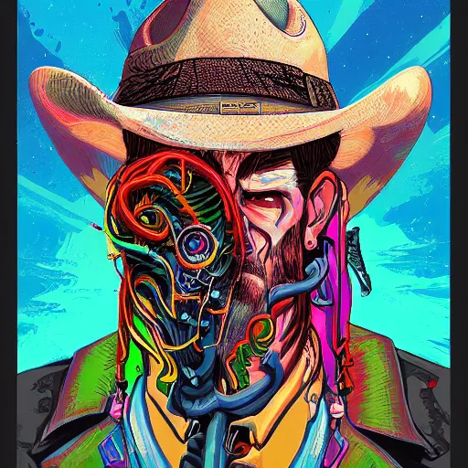 Prompt: digital portrait painting of a corrupted eldritch cowboy, hyperdetailed, vibrant colors, comic book style, Dan Mumford, trending on Artstation