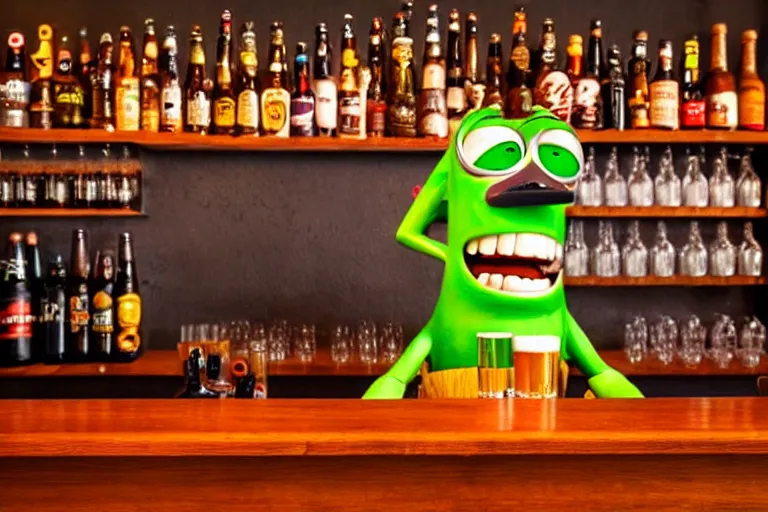 Prompt: a anthropomorphic bottle of beer stands in front of a bar waiting to be served by the bartender, pixar