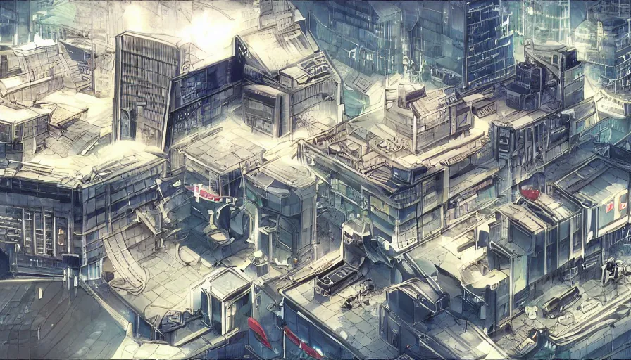 Image similar to Concept Art Illustration of neo-Tokyo Bank Headquarters Map, Bank Robbery, Anime, Highly Detailed, Special Forces Security, Searchlights, Boat Dock, For Stealth fps bank robbery simulator, Water, Akira Color Palette, Inspired by MGS2 + SAC2 + FLCL, 8k :4 by Arc System works + Katsuhiro Otomo : 8