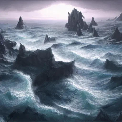 Prompt: an expansive ocean sculpted from dark stone, fantasy concept art