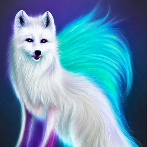 Prompt: luminescent colorful detailed airbrush painting of long haired white fox with cyan and purple gradient fur