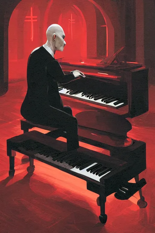 Image similar to an expressive portrait of agent 4 7 playing the piano in a monastery, dark background, red rim light, digital art, artstation, concept art by giger stalenhag