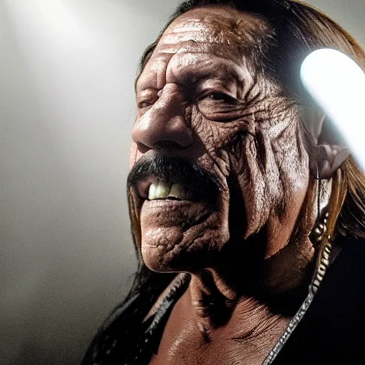 Image similar to Danny Trejo as Machete in Space, ethereal volumetric light, sharp focus