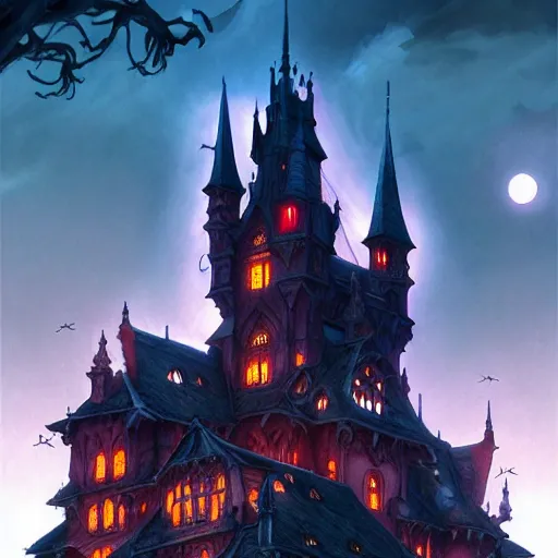 Image similar to foggy intricate gothic castle under the full moon, epic, intricate oil painting, high detail illustration, sharp high detail, manga and anime 1 9 9 9, official fanart behance hd artstation by jesper ejsing and makoto shinkai, 4 k,