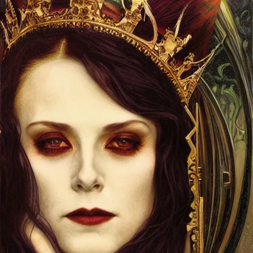 Image similar to portrait of a queen vampire, 35mm, 1920', depth of field, ominous, sharp, photorealistic, realistic, high definition, 8k, deviantart, donato giancola, irwin penn, Alphonse Mucha