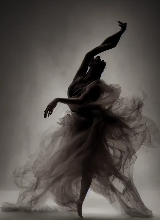 Image similar to a Photorealistic dramatic hyperrealistic render of a glamorous beautiful Female smoke dancer by Ken Brower and Deborah Ory of NYC Dance project,Lois Greenfield,Flowing cloth and smoke,Beautiful dynamic dramatic dark moody lighting,volumetric,shadows,cinematic atmosphere,Octane render,8K