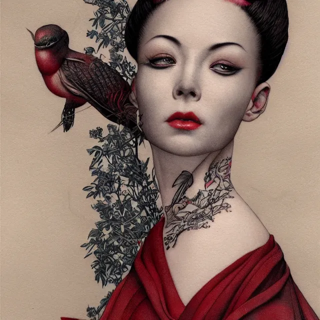 Prompt: ultra realistic illustration, beautiful woman dressed in red kimono, backview, tattoos, in the style of gerald brom by weta digital and beth cavener, high face symmetry, intricate, masterpiece, award winning, high face symmetry, intricate