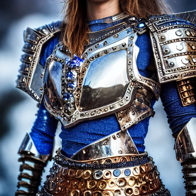 Prompt: photo of a beautiful cute strong warrior queen wearing sapphire encrusted armour, highly detailed, 8 k, hdr, smooth, sharp focus, high resolution, award - winning photo