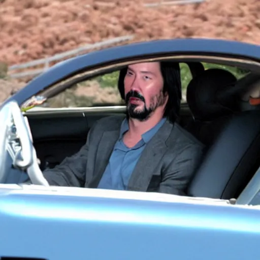 Image similar to Keanu Reeves driving ford mustang