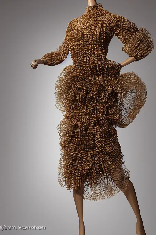 Prompt: A beautiful dress made of a bee hive, on a mannequin. High resolution, studio lighting