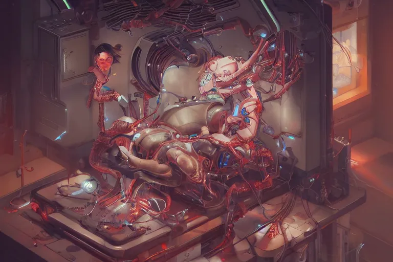 Image similar to hyperrealistic photography of a machine entering a female host in the style of Jin Kagetsu, James Jean and wlop, highly detailed, sharp focus, vivid colors, intricate concept art, digital painting, ambient lighting, 4k, artstation