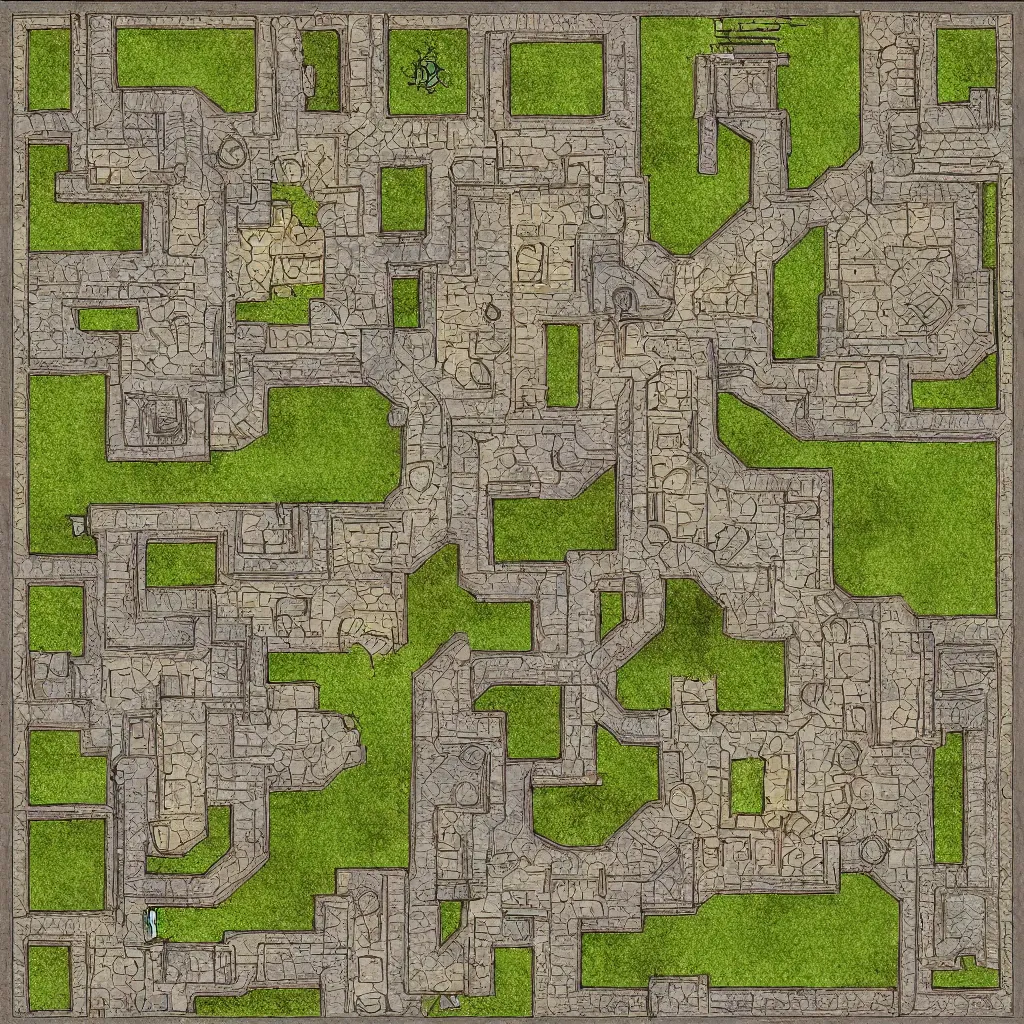 Image similar to tabletop rpg battlemap, castle floorplan, top down grid, high detail, architectural, full color, flat light, spiral stairs, gate, narrow windows