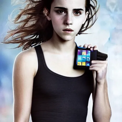 Image similar to a girl who is a mix of emma watson and scarlett johansson and nathalie portman, using a device to connect herself to a computer through an usb cable and a port in her arm, cables, it, very detailled, by david rutkowski and artgem