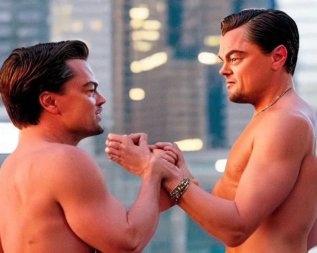 Image similar to leonardo dicaprio as the wolf of wall street holding hands with margot robbie, cinamtic, hyper detailed, 8 5 mm photograph, 8 k resolution, film still, sharp lens, wide lens