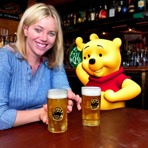 Image similar to winnie the pooh and a blonde woman enjoying a couple of pints in a pub together.