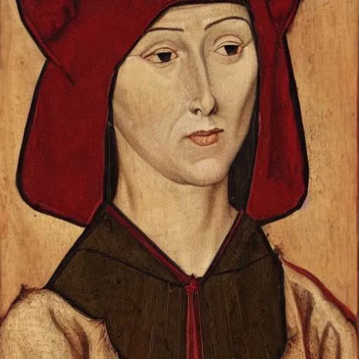 Prompt: portrait of a medieval woman with dark red hair, high cheekbones and fair skin