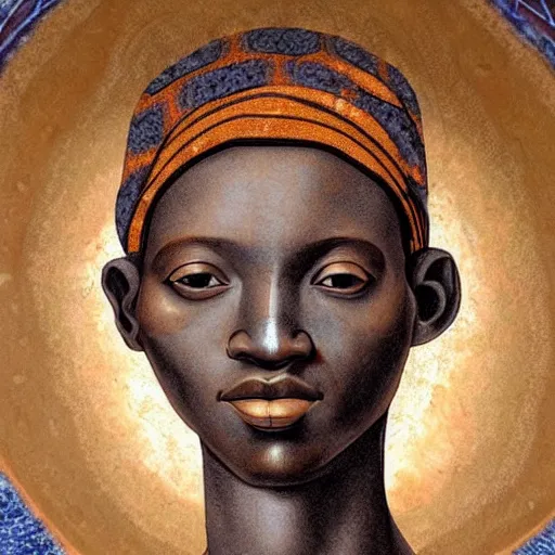 Image similar to fresco of an African woman, realistic, correct details, cosmic dynamic lighting, symmetrical face, accurate face, in the style of renaissance Michelangelo