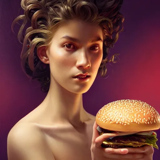 Image similar to portrait of Sybok mind-melding with a hamburger, extra onions and ketchup, luscious patty with sesame seeds, feminine ethereal, handsome, D&D, fantasy, intricate, elegant, highly detailed, digital painting, artstation, concept art, matte, sharp focus, illustration, art by Artgerm and Greg Rutkowski and Alphonse Mucha