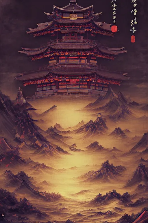 Image similar to a dreamland of chinese ukiyo - e, geometry and astrology, a decaying japanese temple, stunning atmosphere, nanotech demonic monster horror art by andreas achenbach and alena aenami