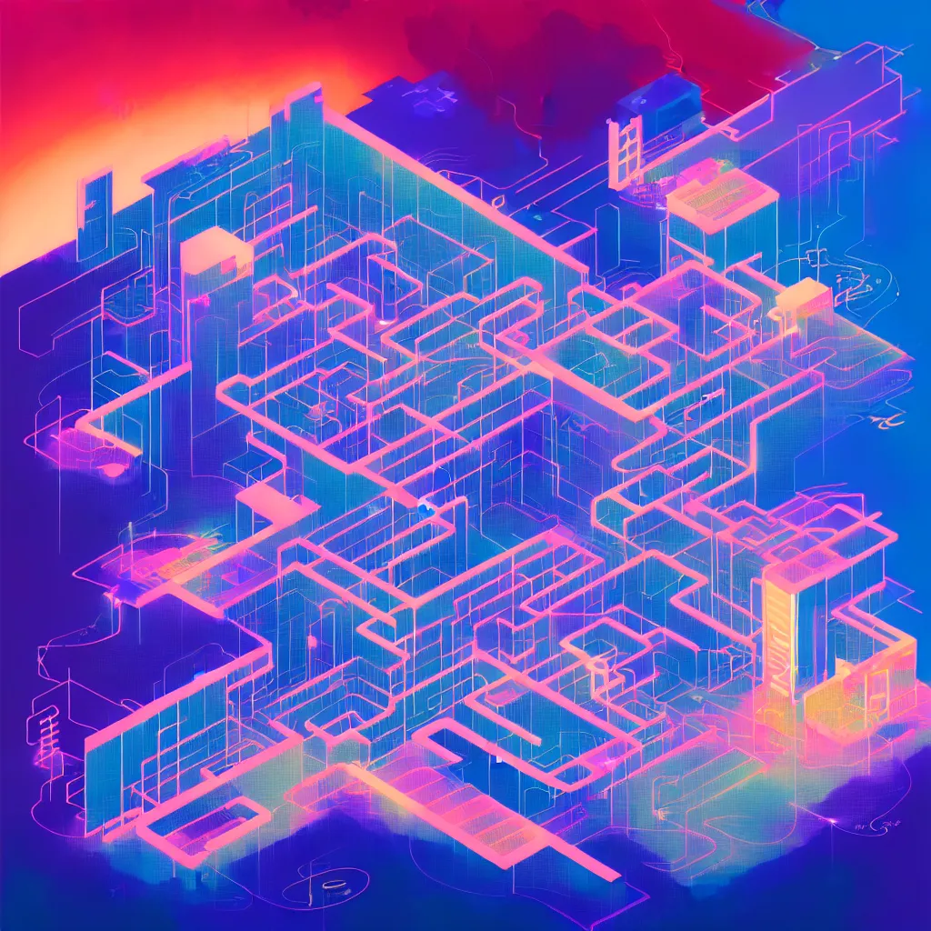 Image similar to illustration of a data-center architecture schema, connector, firewall, cloud, security, datastream or river, painting by Jules Julien, Leslie David and Lisa Frank and Peter Mohrbacher and Alena Aenami and Dave LaChapelle muted colors with minimalism