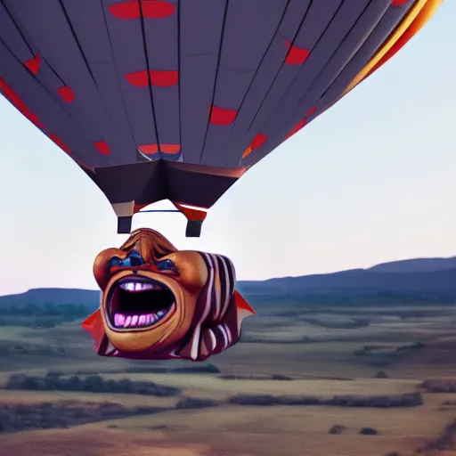 Image similar to a hot air balloon that looks like a screaming chucky doll octane render