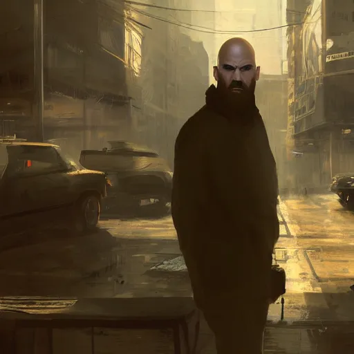 Image similar to painting of an undercover cup, concept art, bald with short beard, call of duty, max payne, inspired by seven the movie, golden hour, city environment, dramatic lighting, digital art, 8 k, extremely detailed, drawn by ruan jia