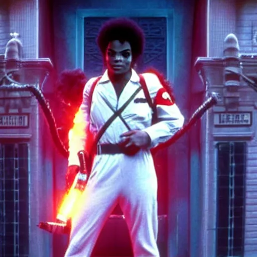 Image similar to stunning awe inspiring michael jackson as a ghostbuster in the movie ghostbusters, movie still 8 k hdr atmospheric lighting