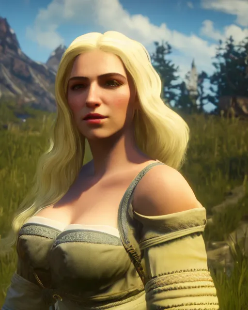 Image similar to a beautiful blonde woman from of the witcher 3 game, Toussaint landscape background, rendered in octane