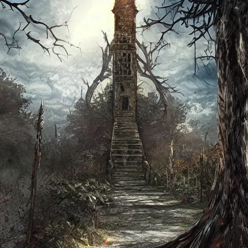 Prompt: an archaic tower looming over a grove of ancient trees, in the style of ayami kojima and kentaro miura, realistic digital painting, medieval fantasy, very detailed