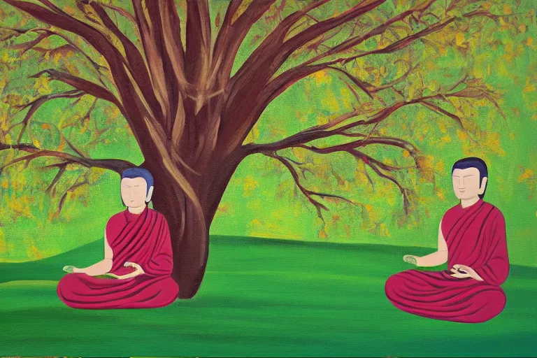 Image similar to painting of a peaceful buddha meditating under a tree, acrylic art, calm, soothing, cosy, elegant, soft light,