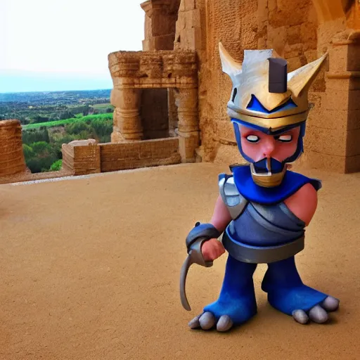 Prompt: a clash royale goblin with blonde long hair visiting Valle dei Templi, Agrigento, Italy