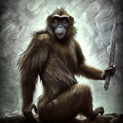 Image similar to a monkey in the style of dark souls, realistic, 8 k, unreal, trending artstation