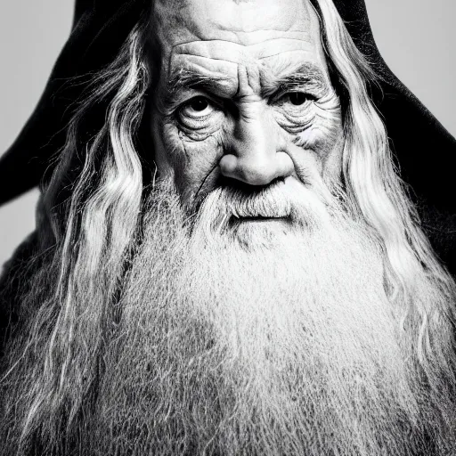 Prompt: a close - up, black & white studio photographic portrait of gandalf from the lord of the rings, dramatic backlighting