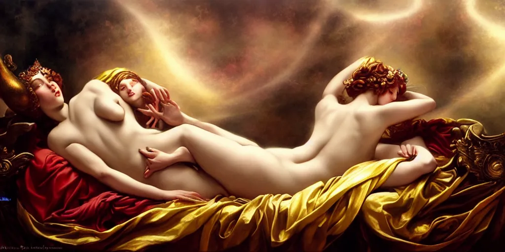 Prompt: the birth of aphrodite, by Rolf Armstrong and Evelyn De Morgan and Bastien Lecouffe-Deharme, dramatic lighting, high contrast colors, baroque, empyrean, panoramic view, as trending on Artstation, highly detailed, doom engine,
