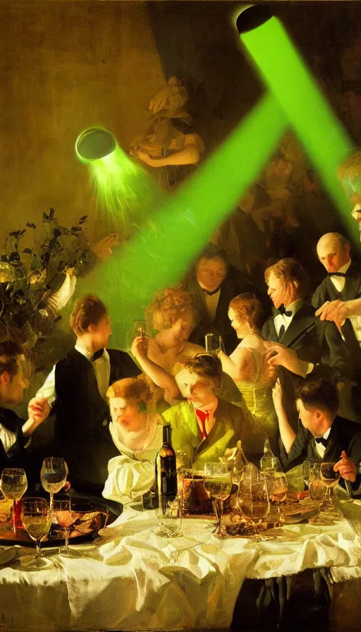Image similar to still life painting of midsummer party and mysterious green light, by Peder Krøyer, golden hour, dramatic lighting, volumetric lighting, epic, gargantuan, intricate detail, canvas print, wine