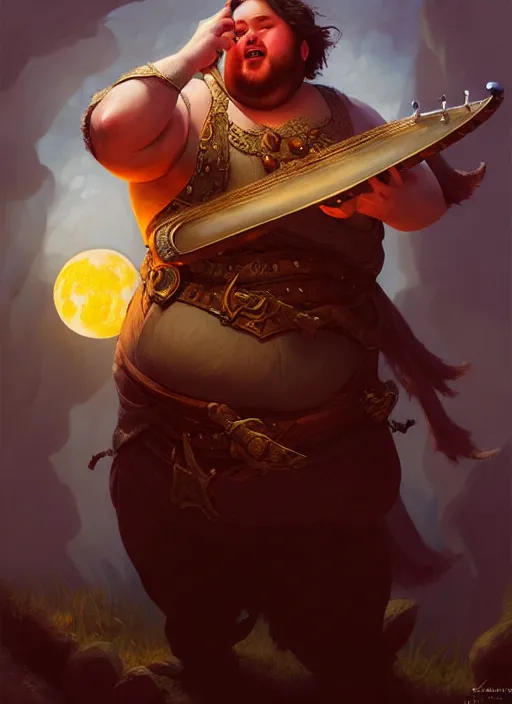 Image similar to fat male bard playing moon - lute, full body, hyper realistic, extremely detailed, dnd character art portrait, dark fantasy art, intricate fantasy painting, dramatic lighting, vivid colors, deviantart, artstation, by clyde caldwell and krenz cushart and artem demura and john williams waterhouse