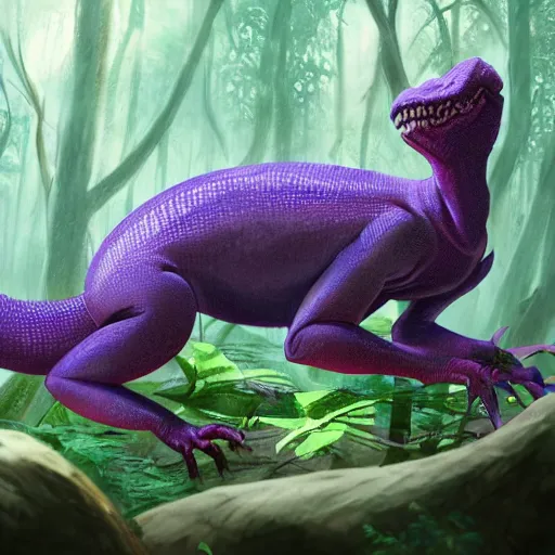 Image similar to concept art painting of an anthropomorphic purple gray reptile hybrid creature, in the deep forest, realistic, detailed, cel shaded, in the style of makoto shinkai and greg rutkowski and james gurney