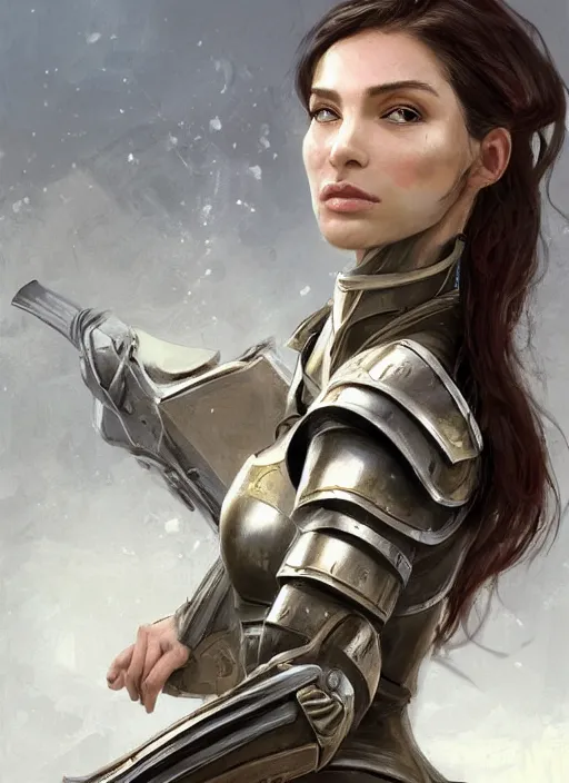 Prompt: a professional painting of a beautiful young female, clothed in military armor, olive skin, long dark hair, beautiful bone structure, symmetrical facial features, intricate, elegant, digital painting, concept art, smooth, sharp focus, illustration, from Knights of the Old Republic, by Ruan Jia and Mandy Jurgens and Artgerm and William-Adolphe Bouguerea