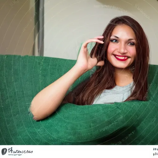 Image similar to a cute young woman smiling, long shiny bronze brown hair, full round face, emerald green eyes, medium skin tone, light cute freckles, smiling softly, wearing casual clothing, relaxing on a modern couch, interior lighting, cozy living room background, medium shot, mid-shot, soft focus