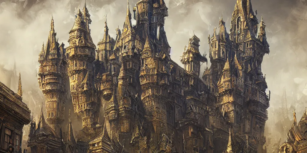 Image similar to multi layered huge architectures, imposing and highly ornamented fantasy castle, digital painting, highly detailed, ancient architecture, concept art, illustration,smooth,sharp focus, intricate, super wide angle, trending on artstation, trending on deviantart, 4K