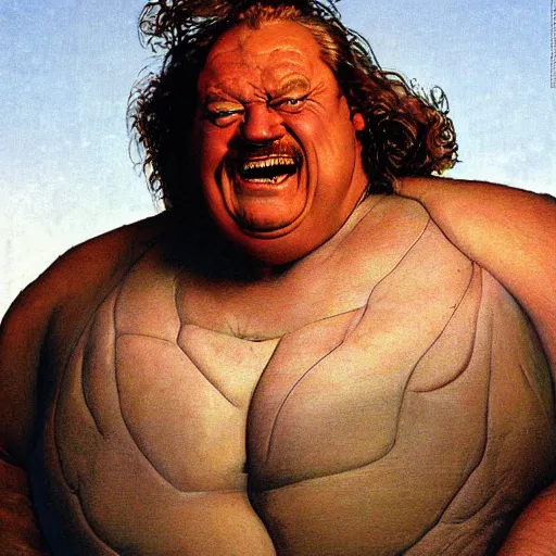 Image similar to dynamic upper body portrait of wrestler giant haystacks as baron harkonnen in 1982 movie dune, by norman rockwell and boris vallejo