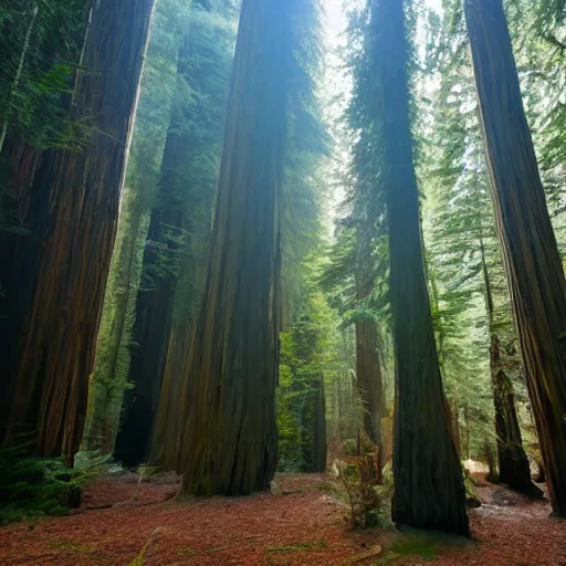 Prompt: a primeval redwood forest